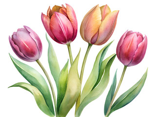 Fototapeta premium Watercolor Painting of Pink Orange Purple Tulips with Green Leaves on Transparent Background, Watercolor Clipart Illustration With Isolated Background.