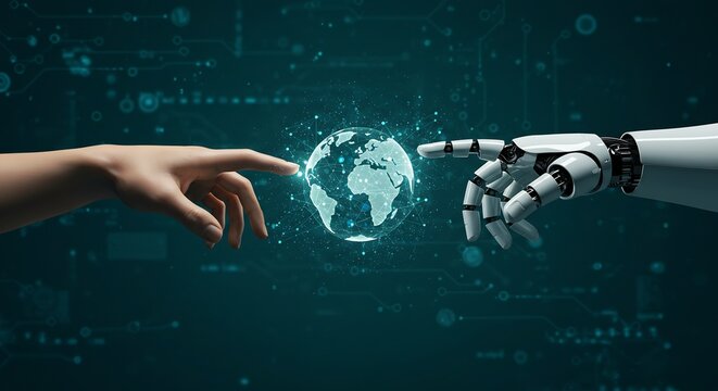 Human and Robotic Hands Reaching Towards a Digital Globe Representing Global Connectivity and Technological Advancement
