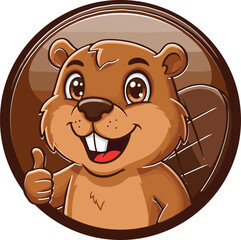 Cheerful Cartoon Beaver Mascot with Thumbs Up Gesture, Symbolizing Approval, Success, and Hard Work in a Friendly Brown Badge Design, Ideal for Branding and Positive Messaging.
