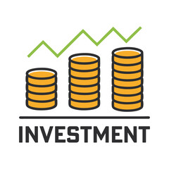Simple graphic illustrating investment growth with rising stacks of coins and an upward trend line