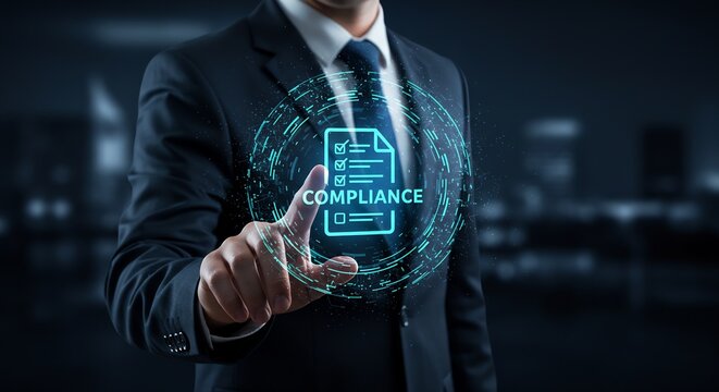 Businessman Interacting with Futuristic Compliance Interface: Digital Document Checklist and Data Security Concept