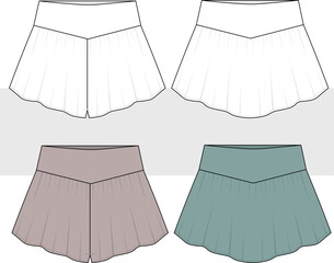 Women's and girls frill skirt shorts set fashion technical drawing, illustration. Cad, Mockup set, Vector.