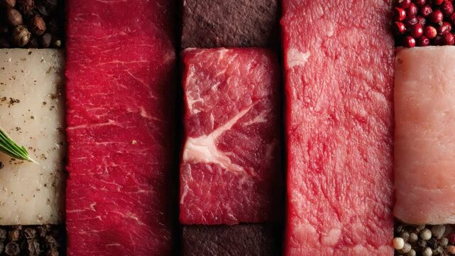 Fresh Butcher's Cuts: A visually stunning presentation of various raw meat cuts, meticulously arranged, with their vibrant colors and textures on full display, perfect for culinary art.
