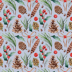Seamless watercolor pattern. New Year template. Hand drawn different pine cones, rope bow, red berries, holly leaves and sprig, fir branches isolated on color background. Botanical.