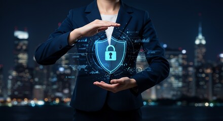 Businesswoman Protecting Digital Data with Cybersecurity Shield and Lock Icon in Modern City at Night