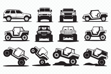 vector silhouettes of off-road vehicles and suvs in multiple angles and dynamic poses for automotive design and branding