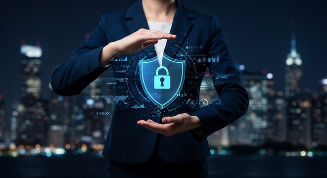 Businesswoman Protecting Digital Data with Cybersecurity Shield and Lock Icon in Modern City at Night