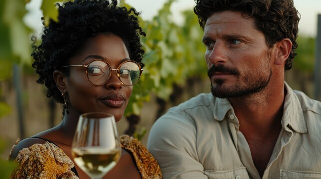 A picturesque scene showcasing a couple enjoying a glass of white wine together among picturesque vineyards, radiating love, joy, and connection amidst nature.