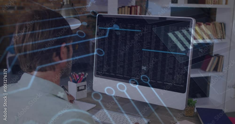 Aufkleber after code display engineer observing screen while circuit lines sliding across code for analysis