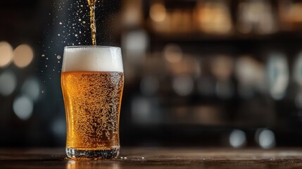 A frosty glass of beer fills with sparkling bubbles and foam, presenting a refreshing drink that captures the essence of relaxation and enjoyment in social settings.