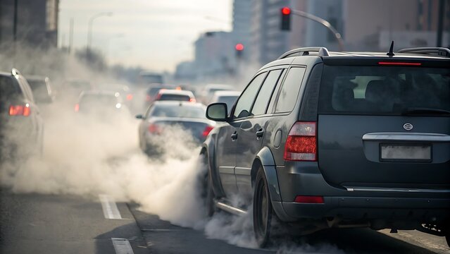 Cars emitting thick exhaust fumes in a traffic jam on a city street