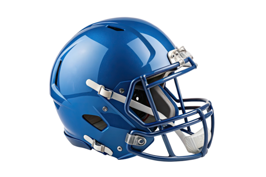 A blue football helmet with a face mask and chin strap on a black isolated studio background shot