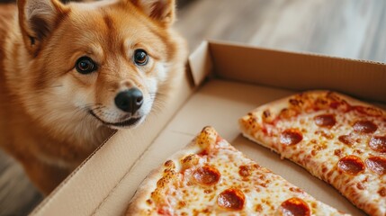 Obraz na płótnie Canvas An adorable Corgi dog sits eagerly beside a pizza box, with its bright eyes gazing at the slices, embodying the joy and anticipation pets have for food.