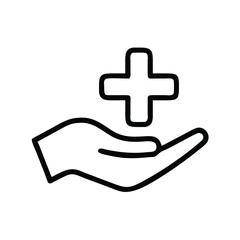 Healthcare hand with plus sign vector icon for medical assistance and health support concept design