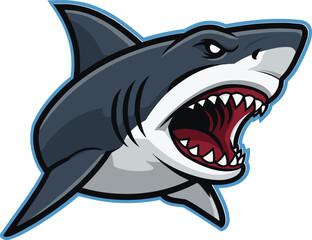 Aggressive shark illustration, open mouth predator, sharp teeth vector, marine animal graphic, fierce underwater creature, bold ocean mascot, dynamic sea life artwork
