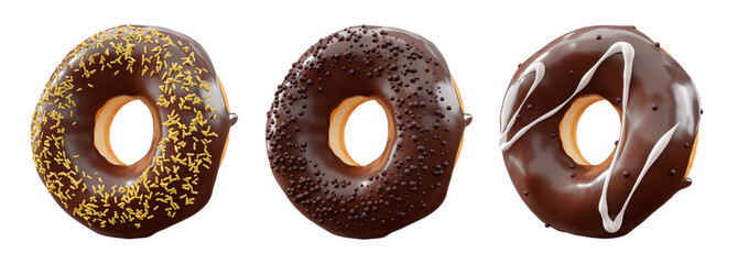 Donuts with chocolate glaze, sprinkles, white drizzle, and dots isolated on white transparent background. 3d rendering and illustration of dessert variety