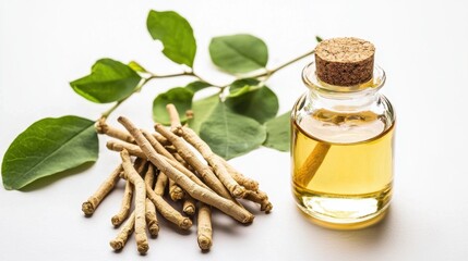 Extracts of ashwagandha root and oil displayed with fresh leaves in a clean setting for wellness purposes