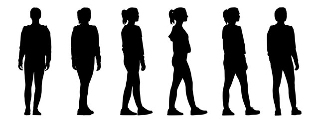 Vector concept conceptual black  silhouette of a casually dressed woman standing from different perspectives isolated on white background. A metaphor for relaxation, comfortable, practical and lifesty