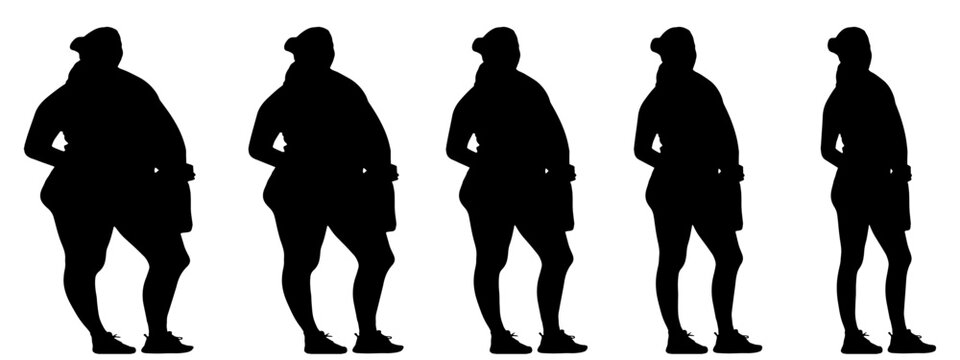 Conceptual fat overweight obese female vs slim fit healthy body after weight loss or diet on white background banner. A  fitness, nutrition or obesity, health shape illustration vector as silhouettes