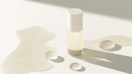Clear bottle of Vitamin C serum on a smooth white surface with a few drops of serum around it The...