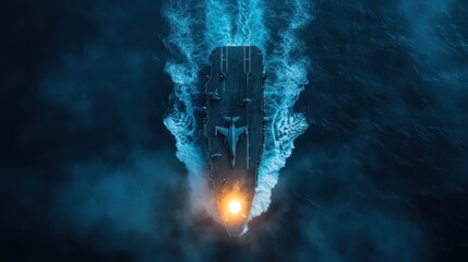 Fototapeta premium An impressive aerial view showcases a navy aircraft carrier navigating the ocean, with jets poised on the deck, symbolizing military strength and maritime power.