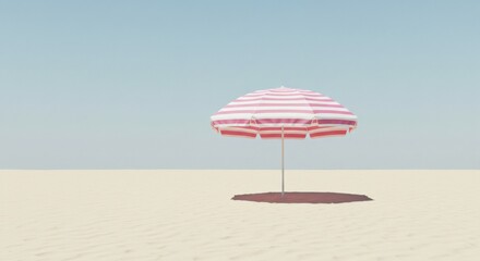 Empty beach with a vibrant pink and white striped umbrella standing alone on the golden sand under a bright blue sky.
