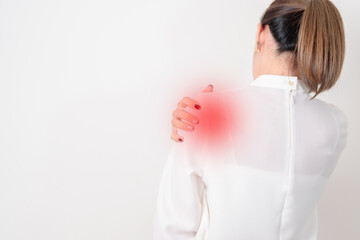 Business Woman having Shoulder Pain for Muscle Inflammation and Sprain, Myofascial ache syndrome...