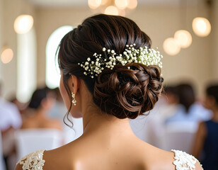 Romantic Messy Bun Bridal Hairstyle with Baby's Breath
