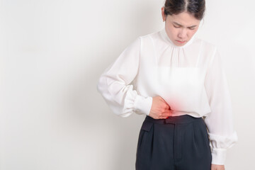 Business Woman having Pancreatitis for Pancreas pain and disease, Gallbladder, Bile Duct, Duodenum,...