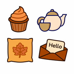 Flat cozy café-themed icons including muffin, teapot, letter, and cushion. Perfect for autumn lifestyle or food-related content.