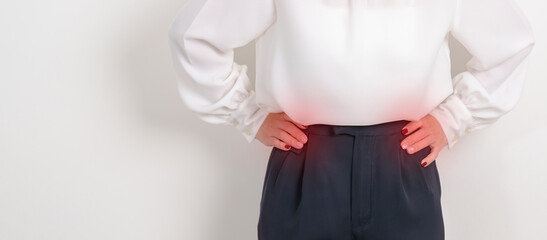 Business woman having side and Back Waist pain for Kidney disease, Urinary system and Stones, world...