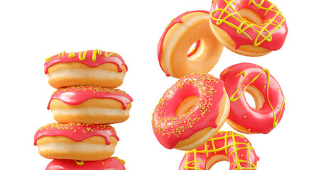 Donuts with red fruit glaze, sprinkles, white drizzle, and dots isolated on white transparent background. 3d rendering and illustration of dessert variety