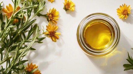 Natural herbs and flowers surround a jar of golden oil highlighting a serene kitchen setting