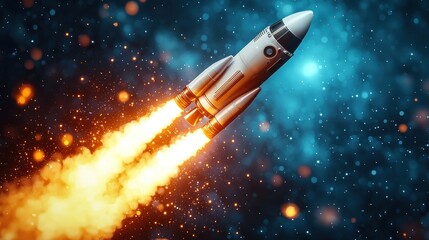 Rocket blasting off, flames trailing against cosmic backdrop