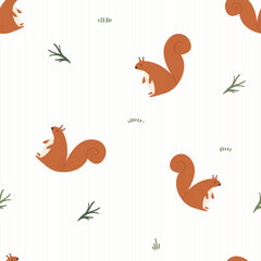 Minimal Seamless Christmas Pattern with Stylized Squirrels and Twigs on Beige Background