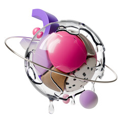 3d Realistic Detailed Abstract Geometric Composition in Liquid Transparent Ball with Ring Around Rendered Illustration