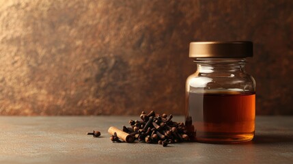 Clove oil in glass jar with whole cloves on rustic surface during warm indoor lighting
