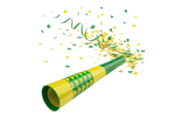 A green and yellow party popper with confetti on a black background for celebration or festive events