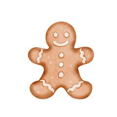 Gingerbread man cookie, drawing in digital watercolor style. Ideal for Christmas cards, festive decor, winter crafts, holiday packaging, menu design, and party invitations.