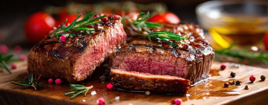 The sumptuous grilled steak with herbs and vegetables on a wooden plate.