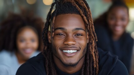 A joyful young man with dreadlocks smiles broadly at the camera while friends softly blur in the background, conveying warmth, happiness, and social connection.