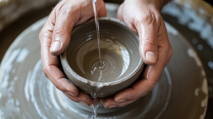 Fototapeta premium Hands shaping clay bowl with water flowing in artisan pottery workshop