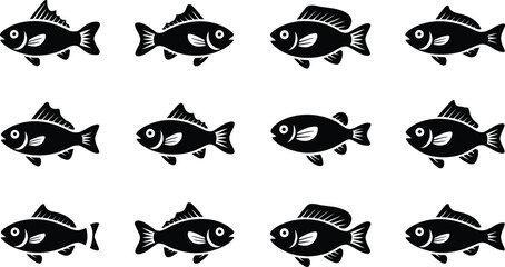 Whimsical Fish Silhouette Collection Featuring Ten Distinct Black Sea Creatures with Stylized White Accents—Each Fish Showcasing a Unique Fin Arrangement, Tail Shape, and Body Outline—Arranged in Two 