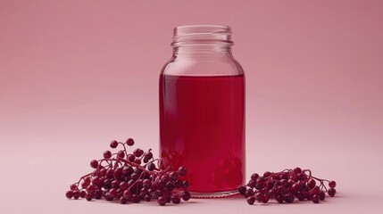 Herbal drink in a glass jar surrounded by fresh berries on a soft pink background