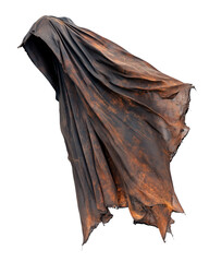 Tattered witch cloak floating in wind with worn and burnt fabric texture, creating mysterious and eerie atmosphere for fantasy or Halloween themes