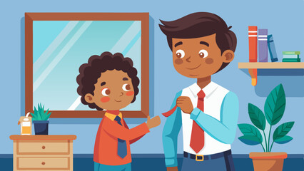 Son helping father tie his necktie for a formal event, showing a tender family moment suitable for father's day or a family blog post.