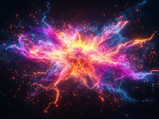 Dynamic cosmic explosion showcasing vibrant energy fields and glowing particles