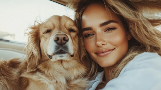 A joyful moment shared between a woman and her golden retriever in a sunny environment, celebrating companionship and the happiness pets bring to our lives. - Powered by Adobe