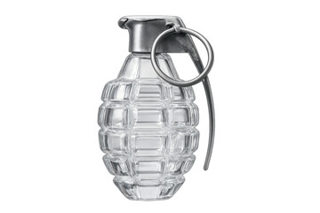 Close-up of an empty glass grenade featuring a metal top, isolated on a transparent background, ready for creative projects