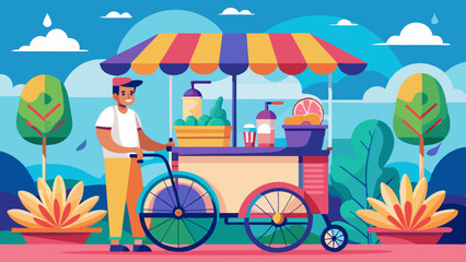 Fototapeta premium Colorful fresh juice cart vendor in a scenic park, perfect for summertime branding or a vibrant food-related project.